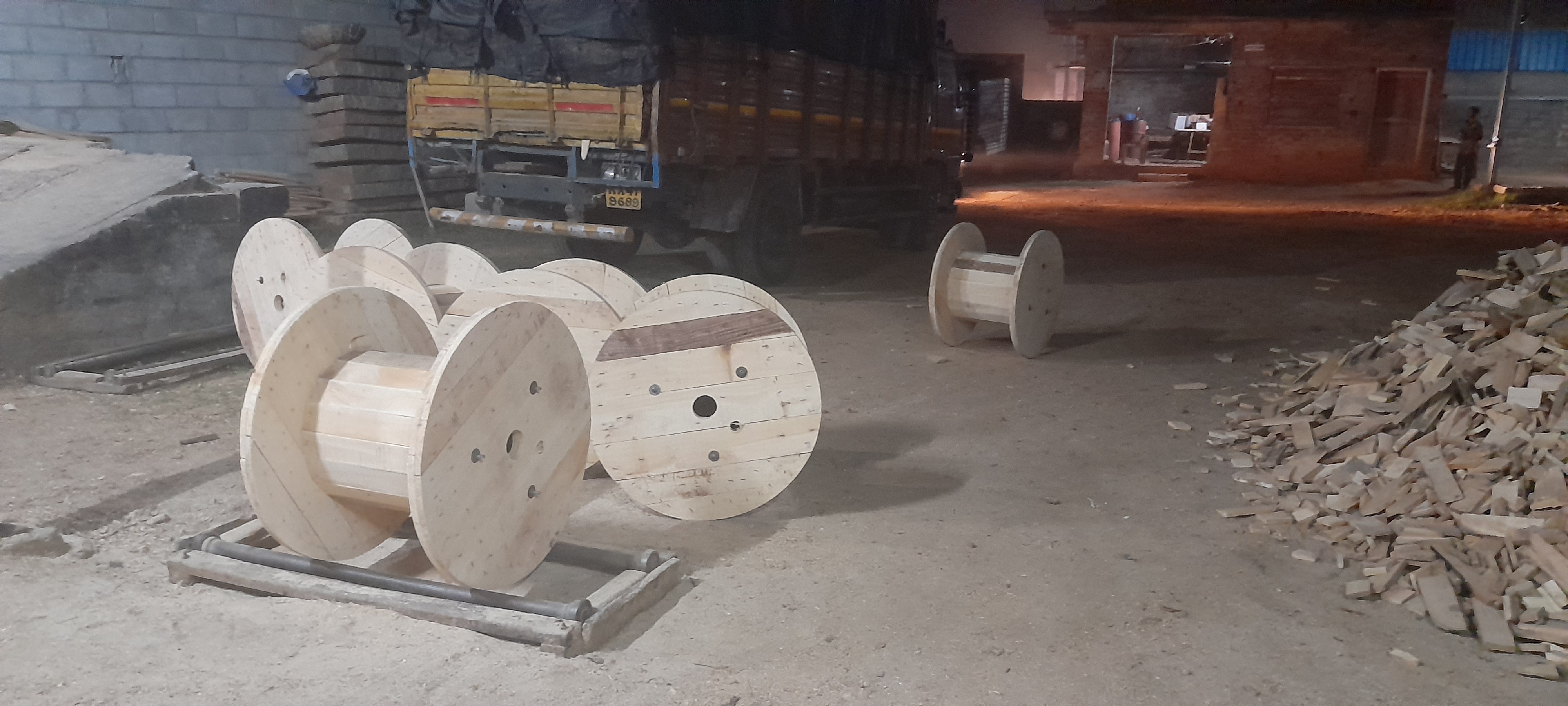 Kudur Timbers Saw Mill's facility showcasing manufactured Wooden Cable Drumbs ready to be dispatched